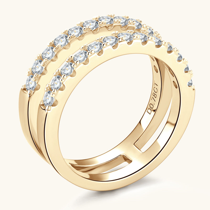 925 sterling silver moissanite ring with dual rows of sparkling stones in a gold-tone finish