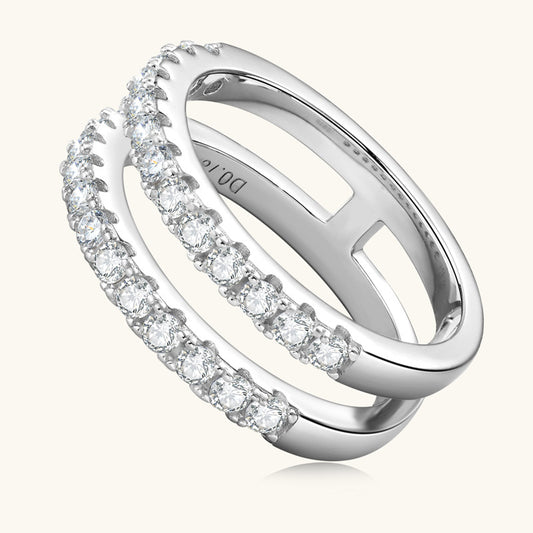 925 sterling silver moissanite ring with dual rows of sparkling round stones in elegant design