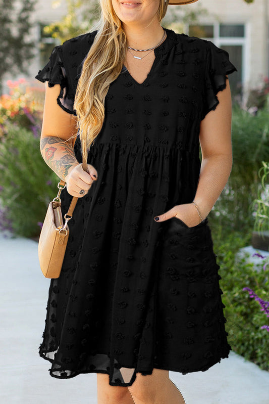 Plus size black textured ruffled summer dress with pockets and v-neck