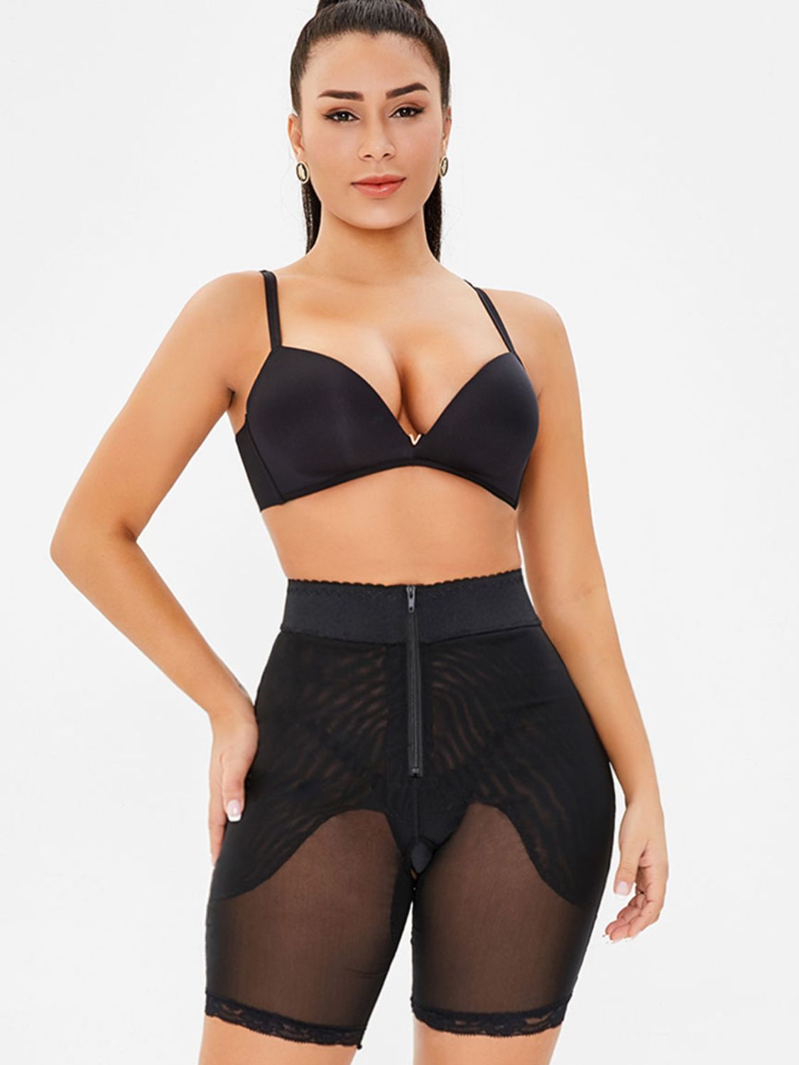 Trendsi plus size high waisted shaping shorts in black with front zipper and mesh design