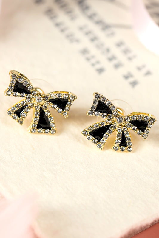 Elegant black rhinestone bow earrings with gold trim from kjplussizefashion accessory collection