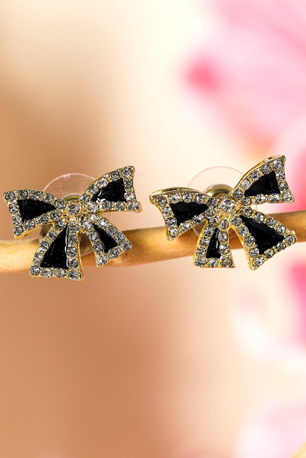 kjplussizefashion black rhinestone bow earrings with gold-tone setting and sparkling crystal accents