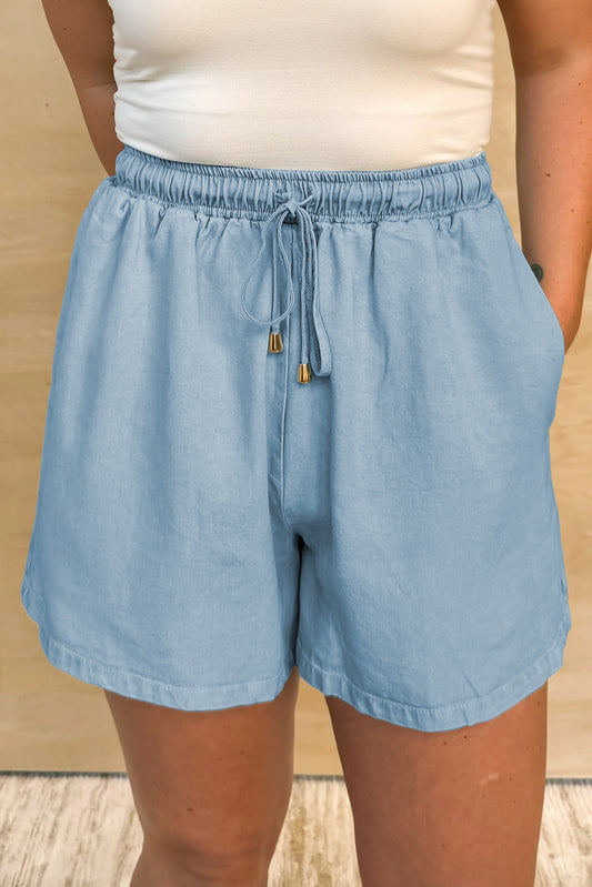 Light blue elastic waist plus size summer shorts with drawstring and pockets