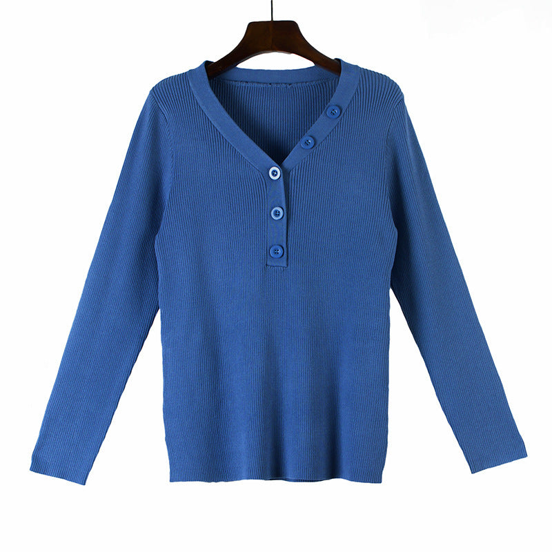 Blue button v-neck knit sweater for curvy women with long sleeves and ribbed texture
