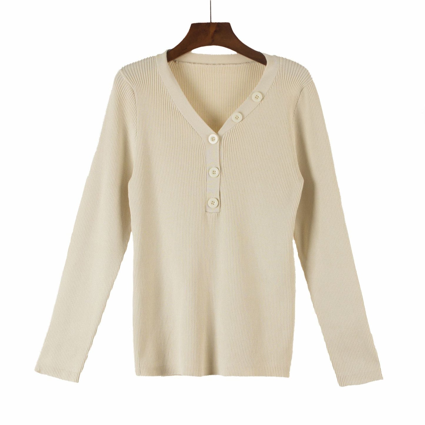 Cream button v-neck knit sweater for curvy women with long sleeves and ribbed texture