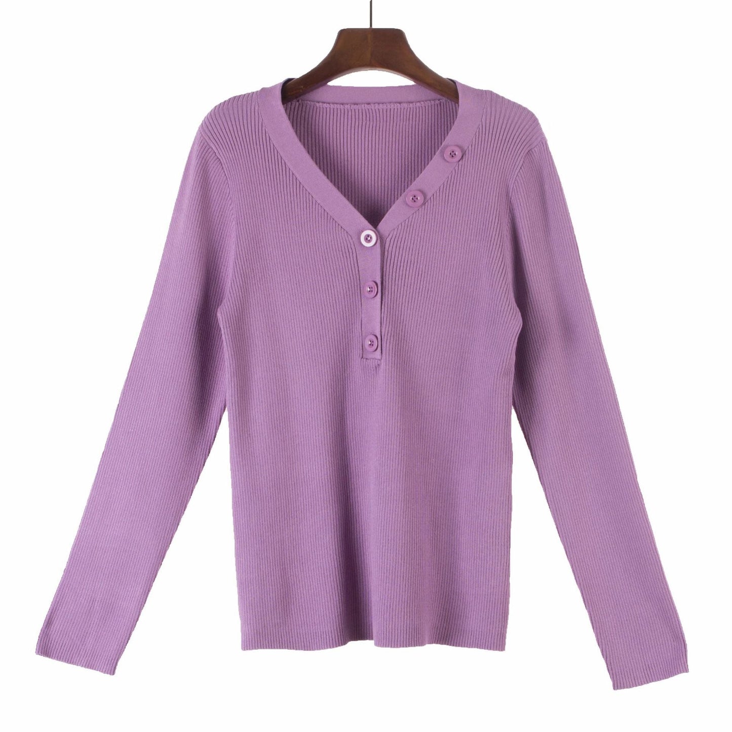 Lavender button v-neck knit sweater for curvy women with long sleeves and ribbed texture