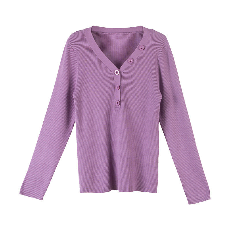 Purple button v-neck knit sweater for curvy women with long sleeves and ribbed texture