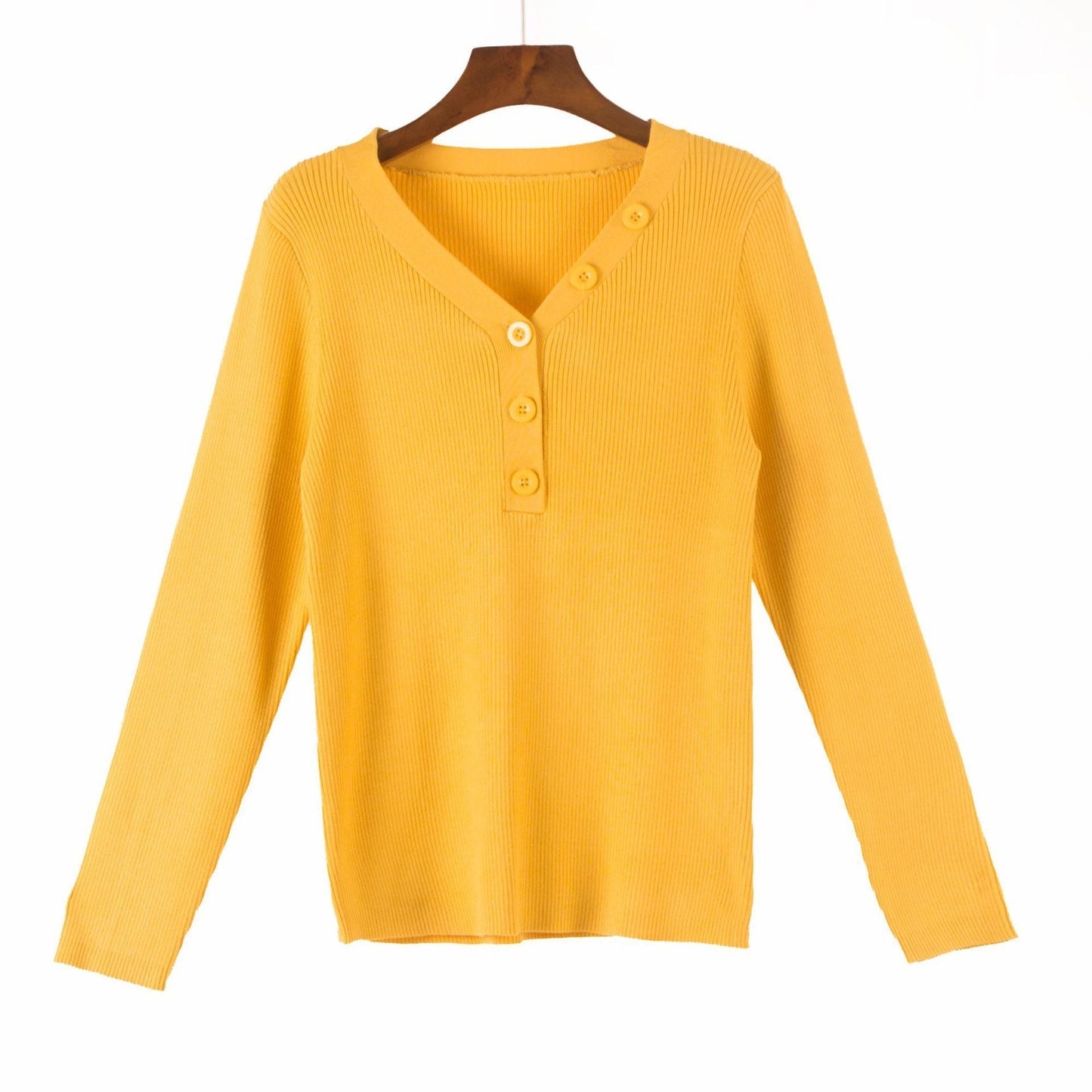 Yellow button v-neck knit sweater for curvy women with long sleeves and button detailing
