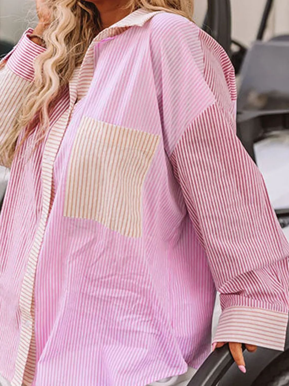 Plus size collared neck striped blouse with long sleeves and button-down front in soft breathable fabric