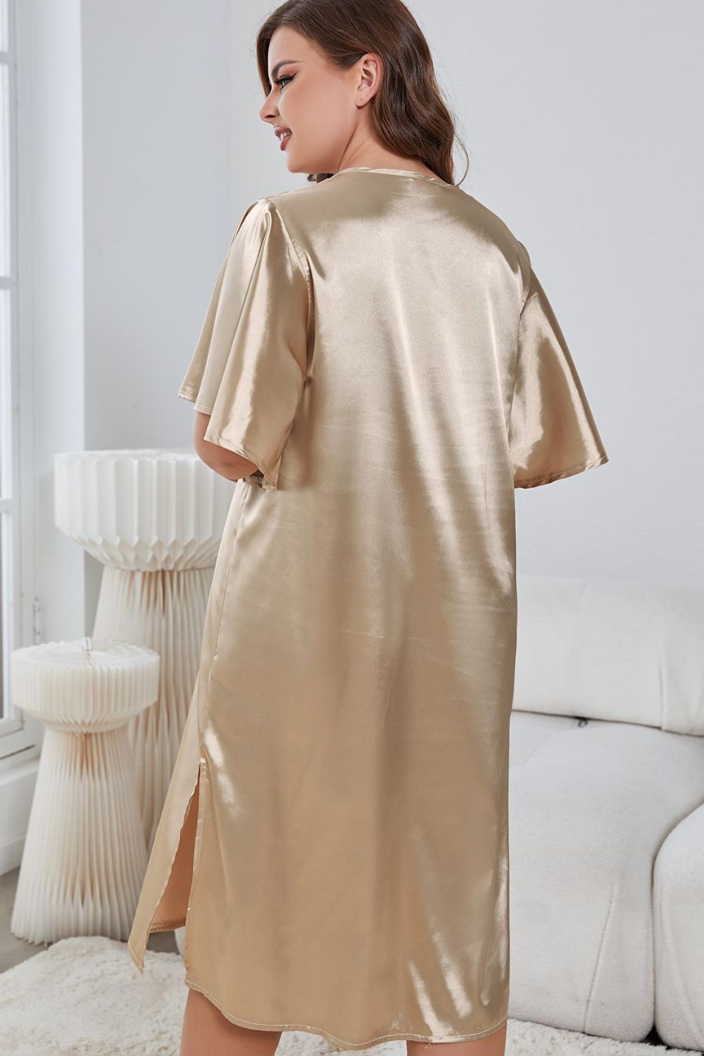 Trendsi comfortable plus size nightwear for women in shiny gold satin fabric with short sleeves and side slit