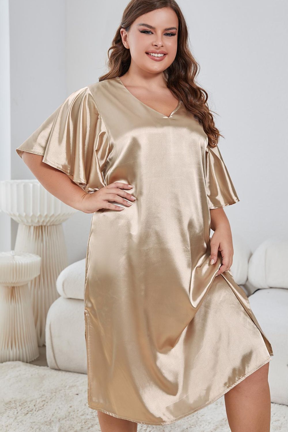 Comfortable plus size nightwear for women in gold satin with short flutter sleeves and V-neck