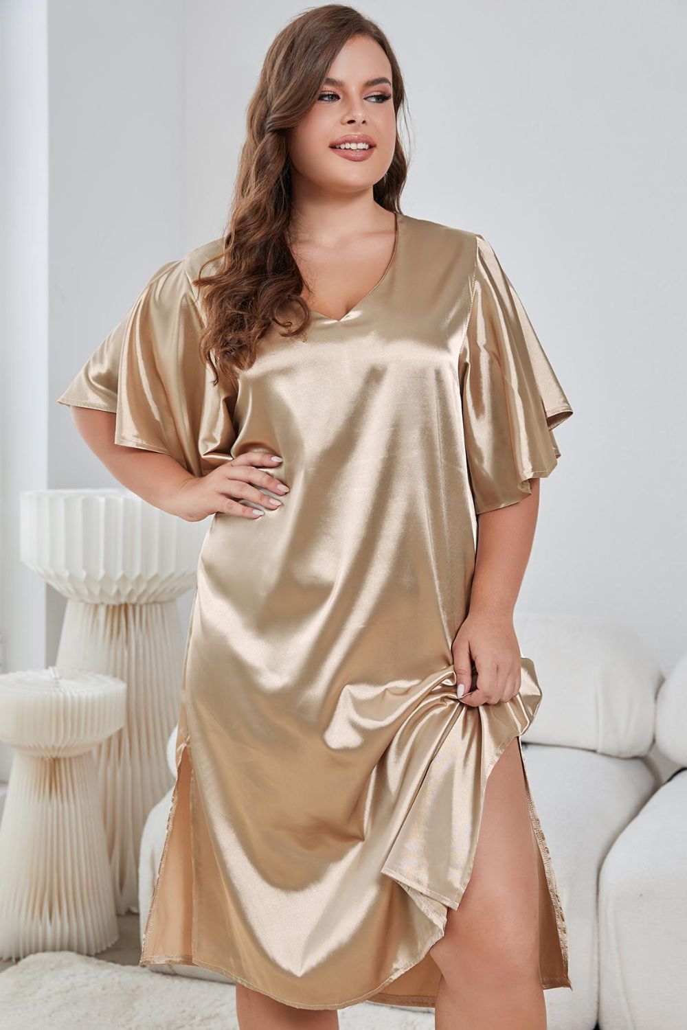 Trendsi comfortable plus size nightwear for women in shiny gold satin fabric with flutter sleeves