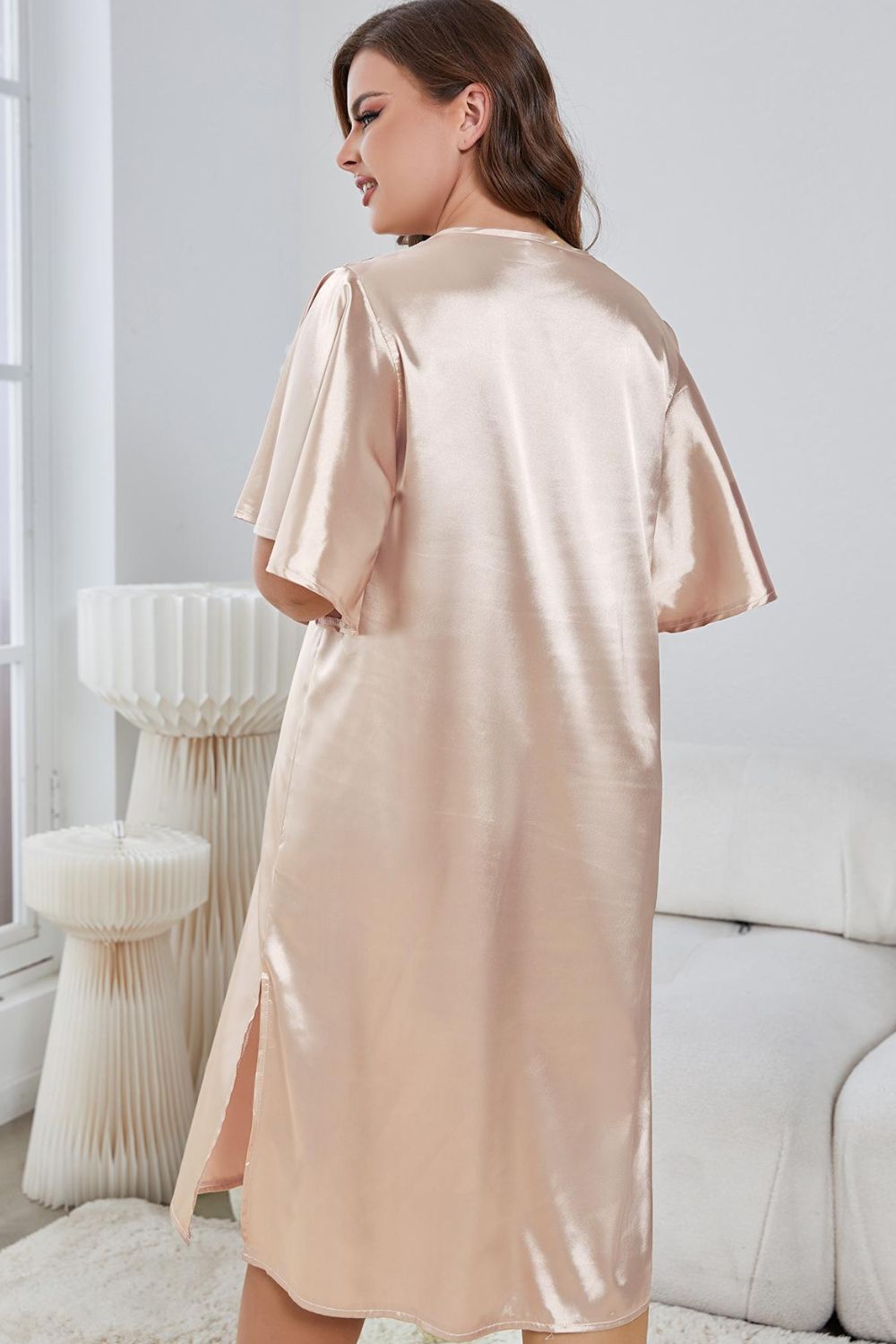 Trendsi comfortable plus size nightwear for women in light beige satin with short flowy sleeves and side slits
