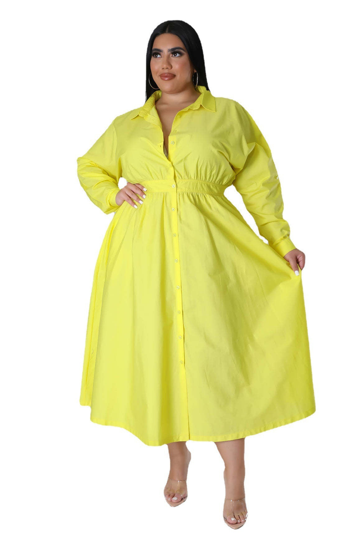 Fashionable plus size dresses for women in bright yellow with long sleeves and button-down front