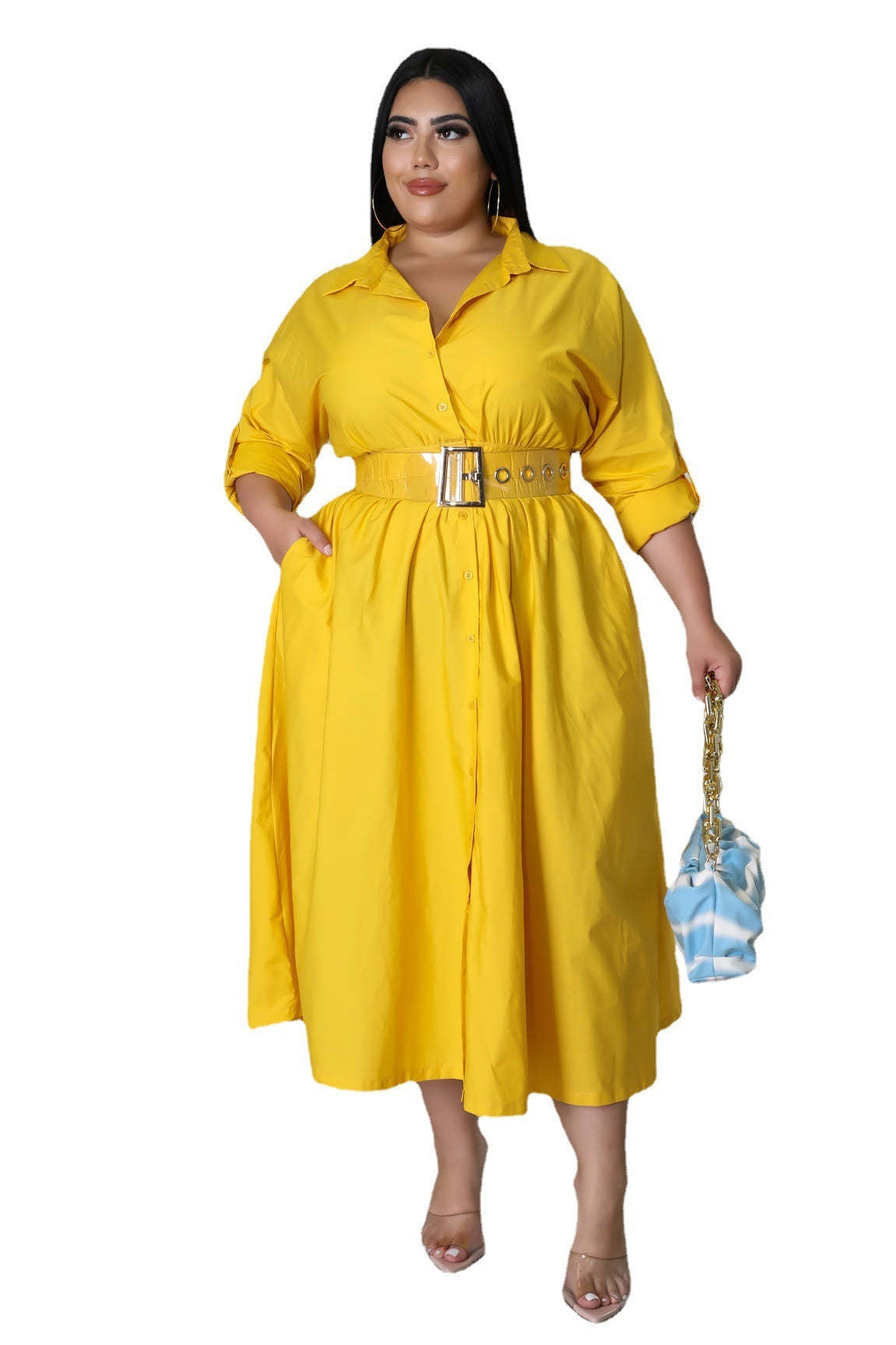 Yellow belted shirt dress worn by a plus size model showcasing fashionable plus size dresses for women