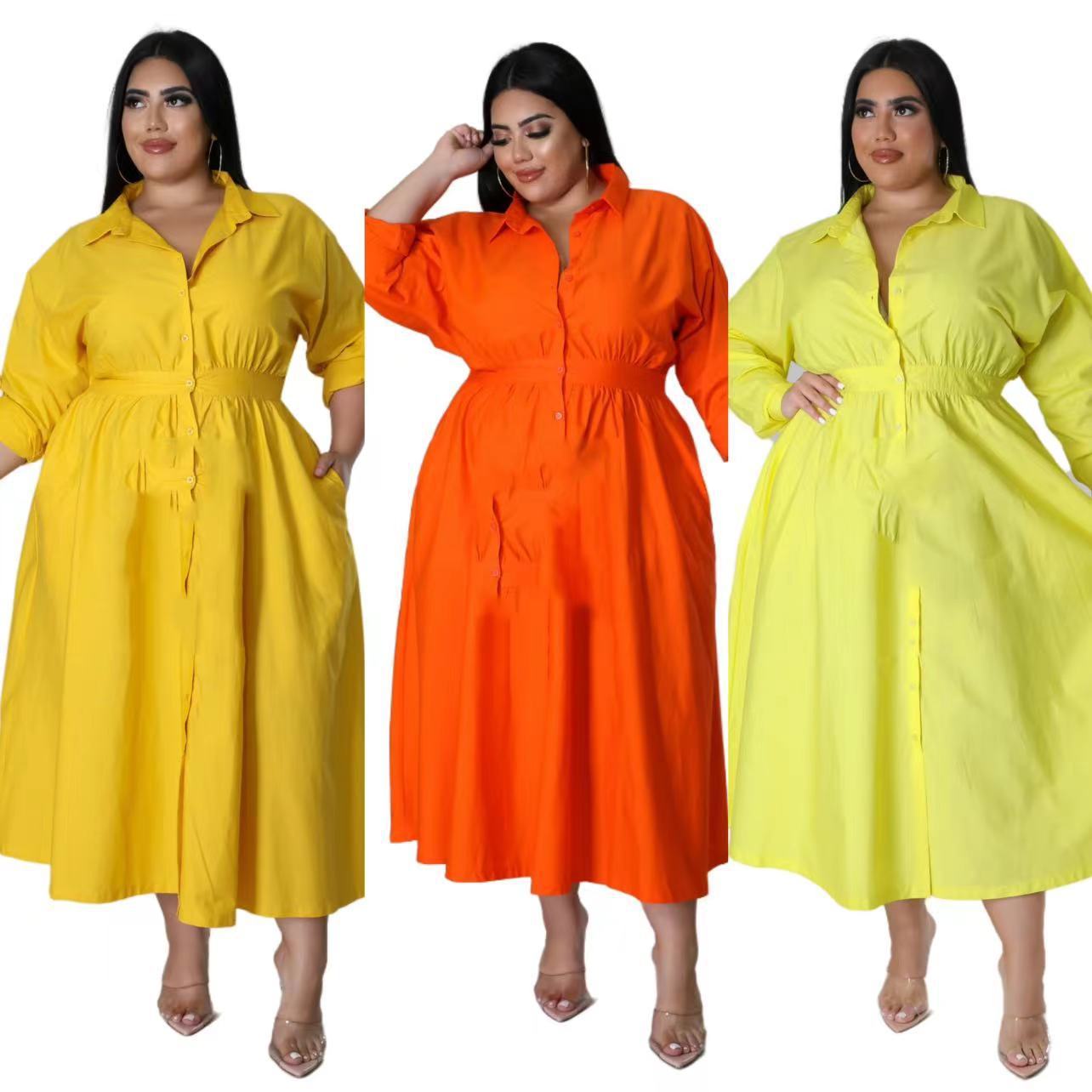 Three fashionable plus size dresses for women in yellow orange and light green with button front and waist tie