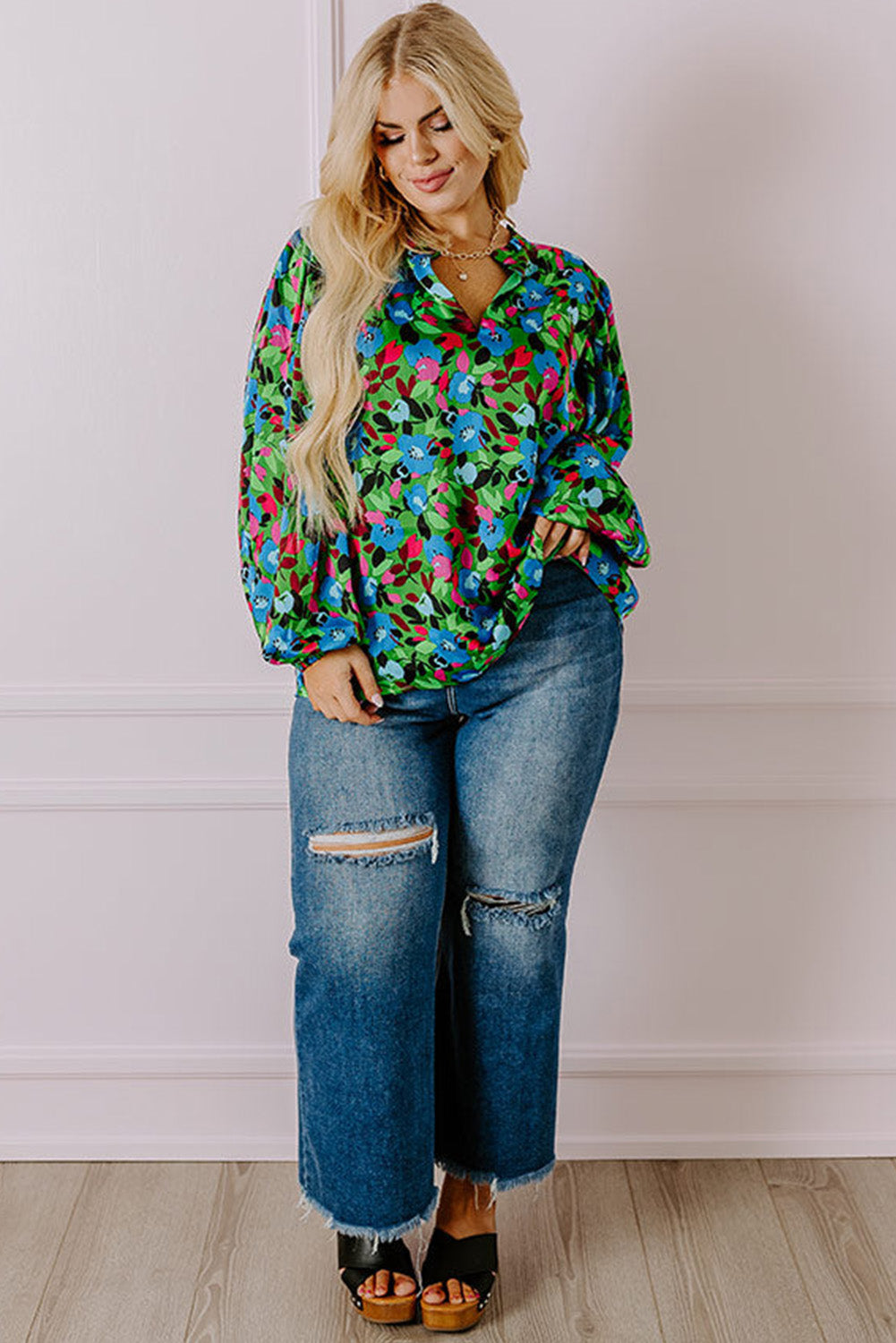 Floral print plus size blouse by kjplussizefashion with vibrant green and blue flowers styled with distressed jeans