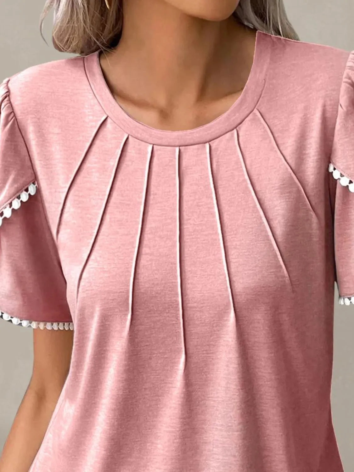 Pink full size round neck top for women with pleated front and decorative sleeve trim