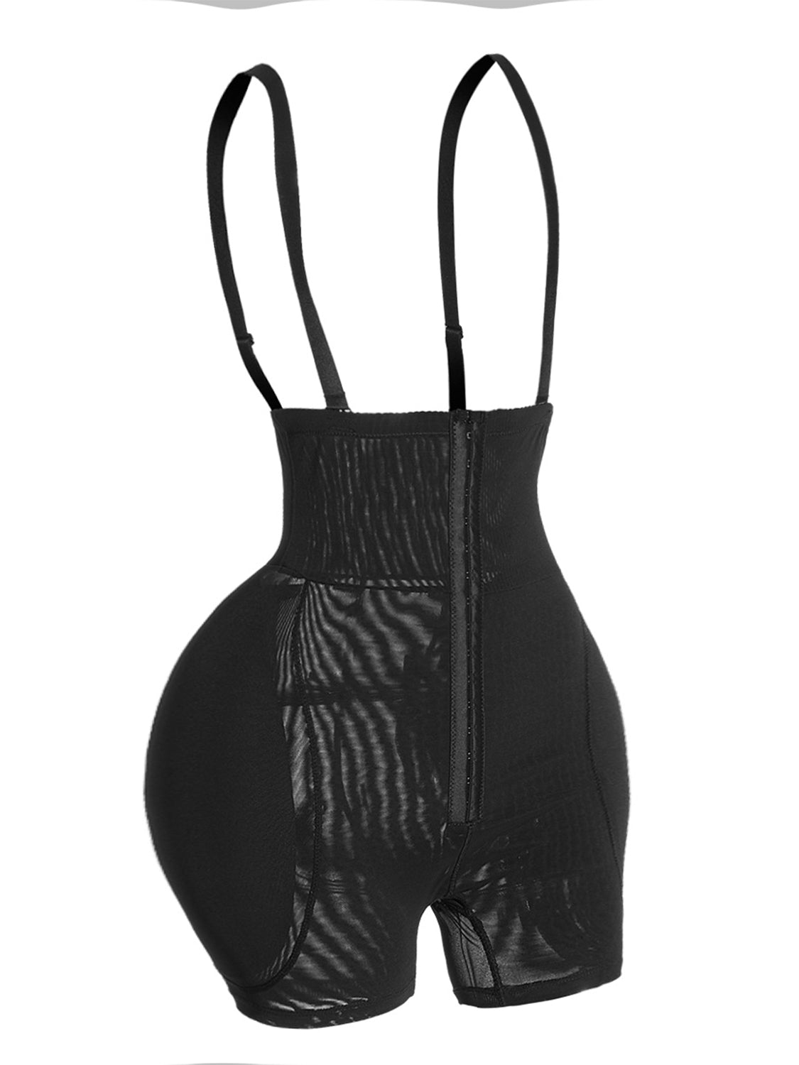 Black full size shaping bodysuit for women with adjustable straps and hook closure