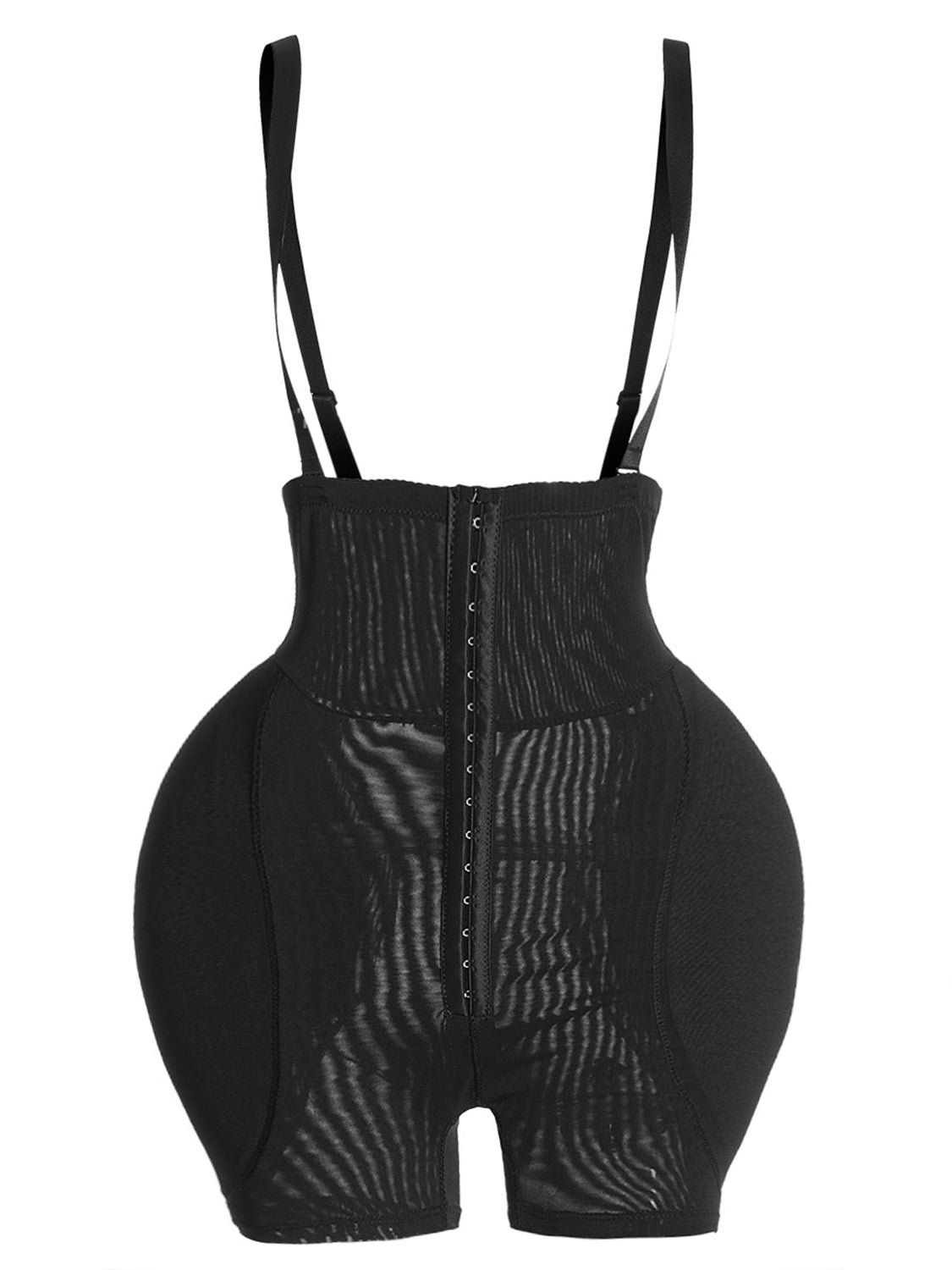 Black full size shaping bodysuit for women with adjustable straps and front hook closure