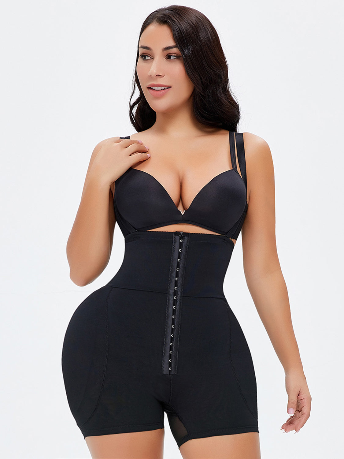 Trendsi full size shaping bodysuit for women in black with front hook closure and adjustable straps