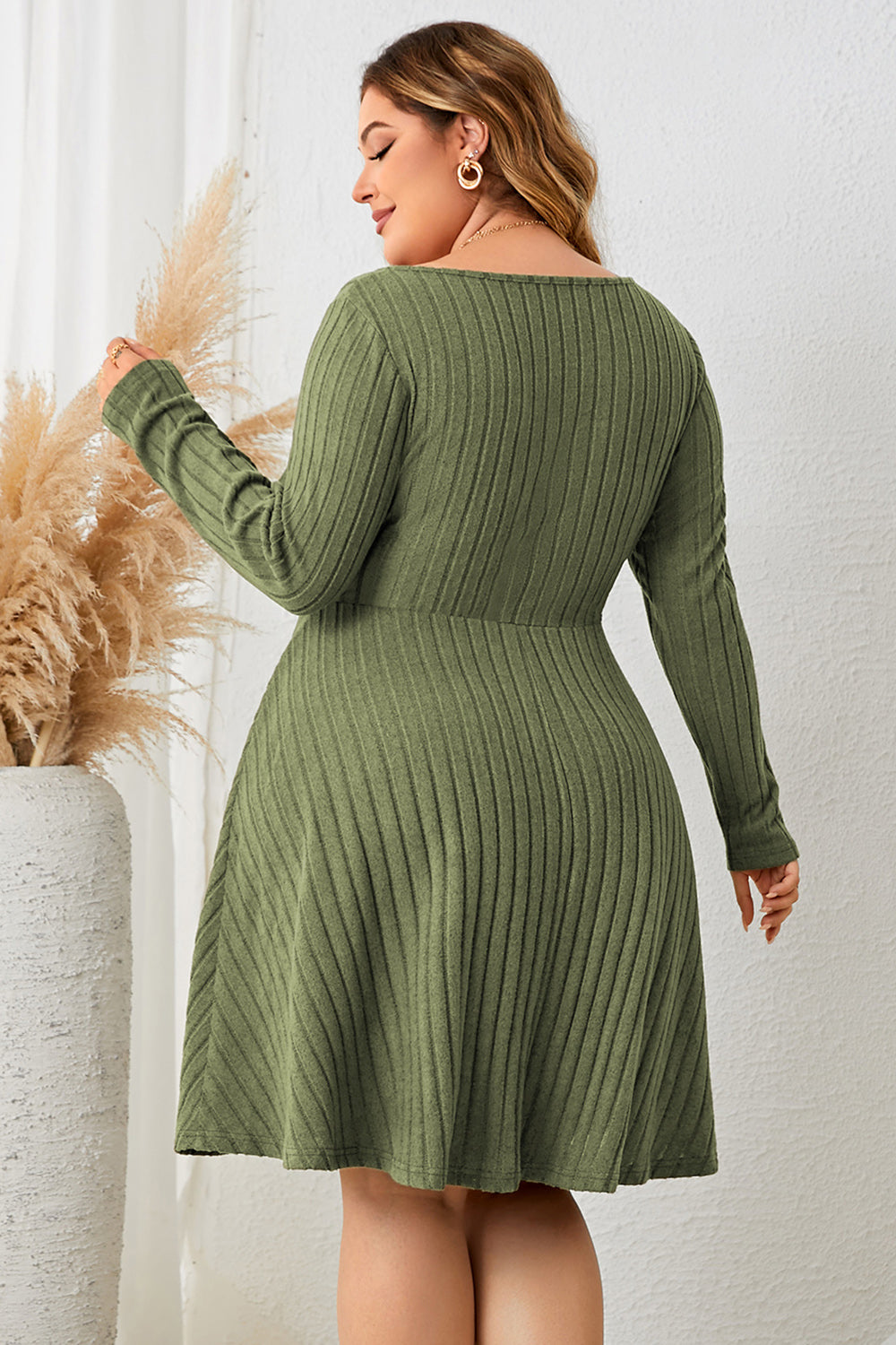 Trendsi long sleeve ribbed plus size dress in olive green with a fitted waist and flared skirt