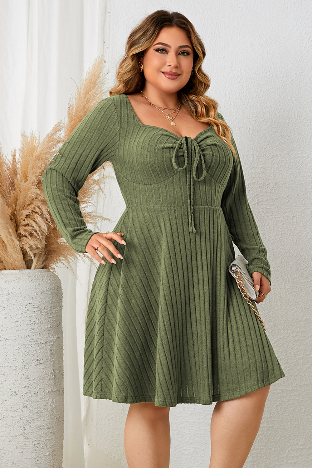 Trendsi long sleeve ribbed plus size dress in olive green with tie front and flared skirt