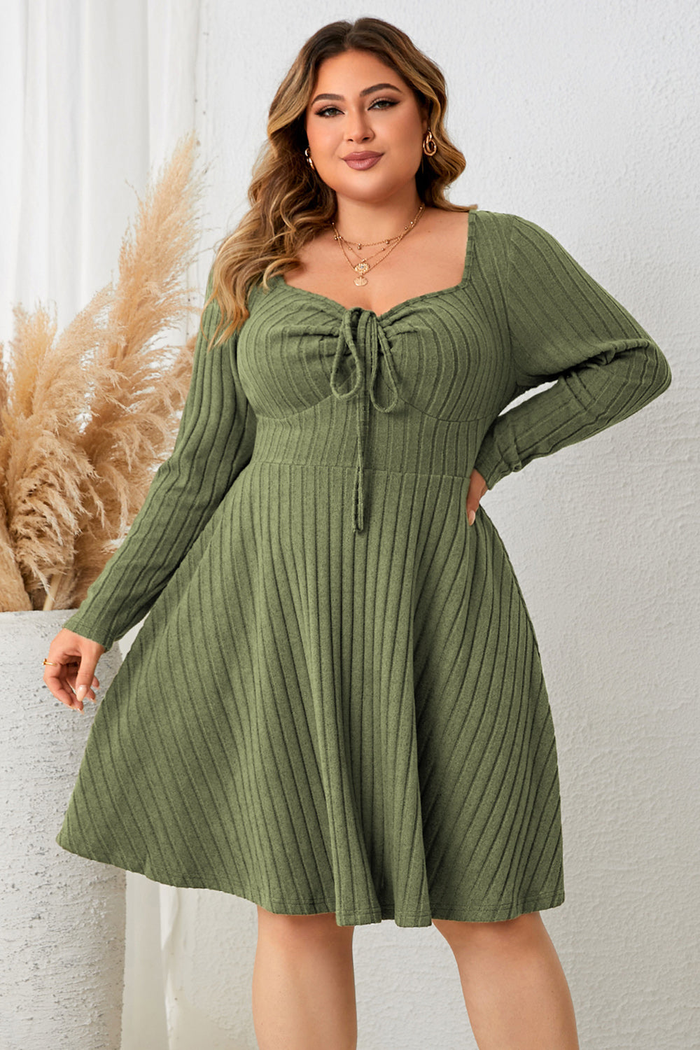 Trendsi long sleeve ribbed plus size dress in olive green with square neckline and tie detail