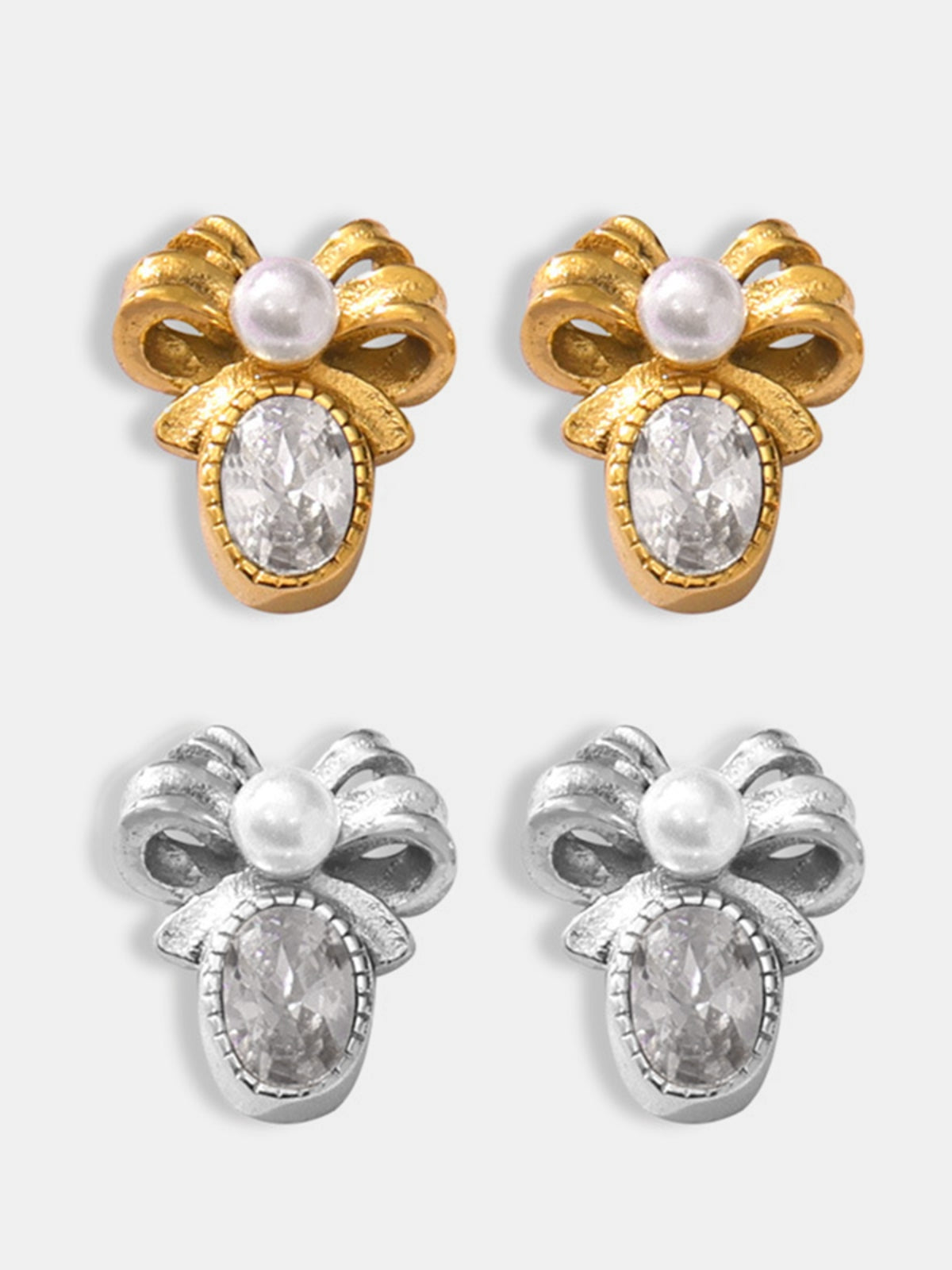 Trendsi titanium steel bow stud earrings in gold and silver with pearl and oval crystal accents