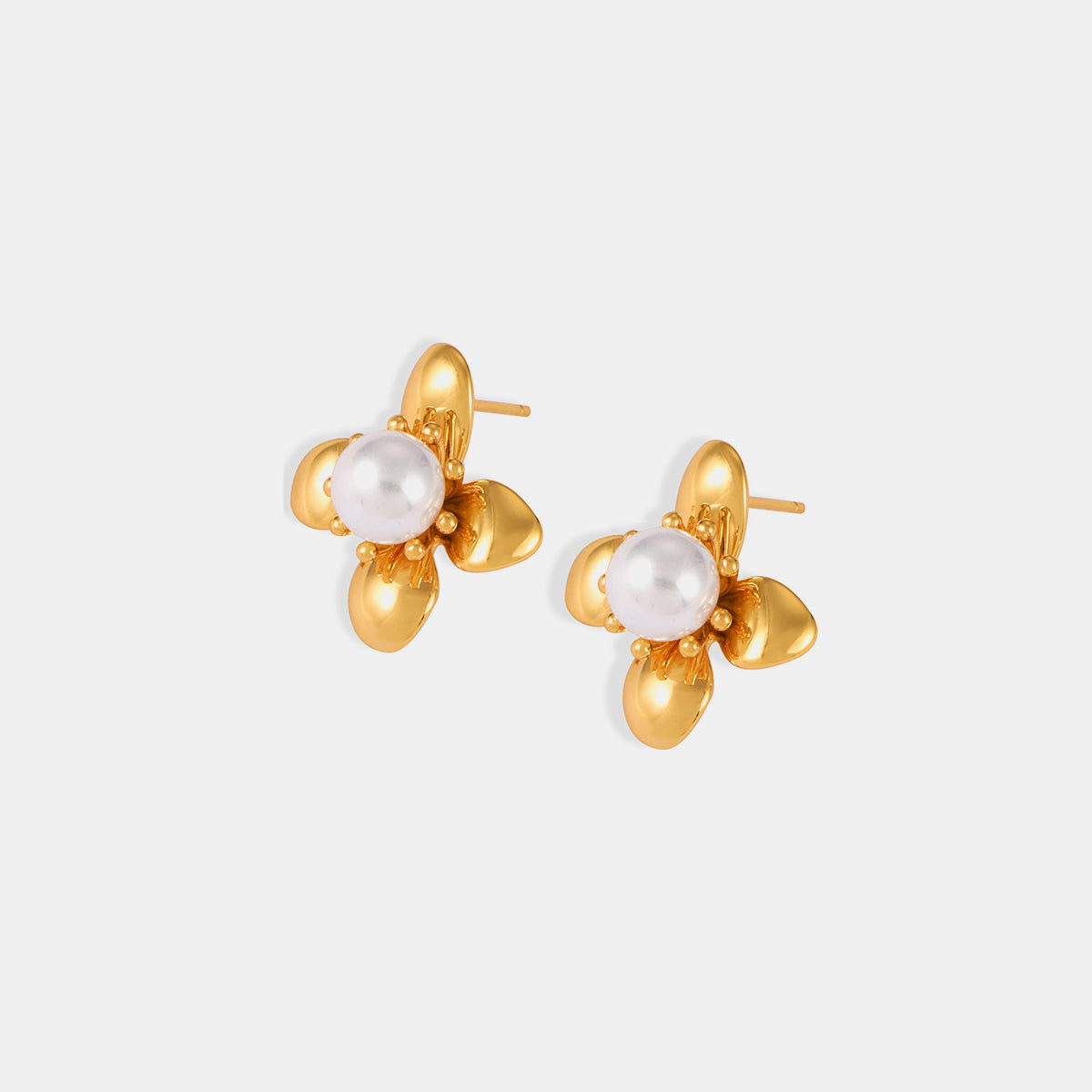 Trendsi synthetic pearl titanium earrings with gold flower petal design for elegant style