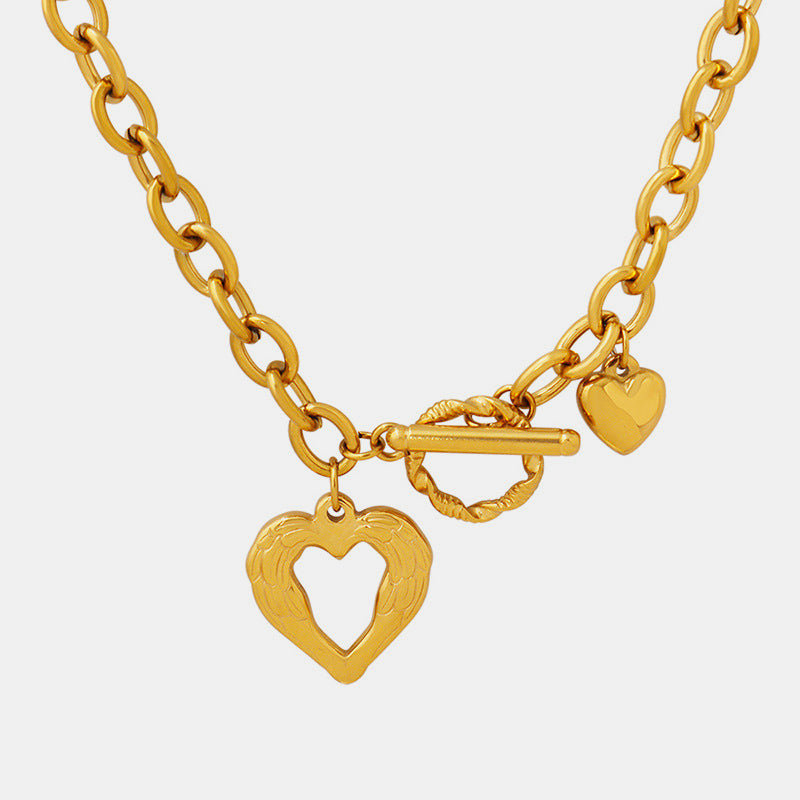 Trendsi gold chain titanium steel heart necklace with two heart-shaped pendants and toggle clasp