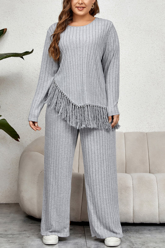 Trendsi honey plus size two piece set gray ribbed knit top with fringe and matching wide-leg pants