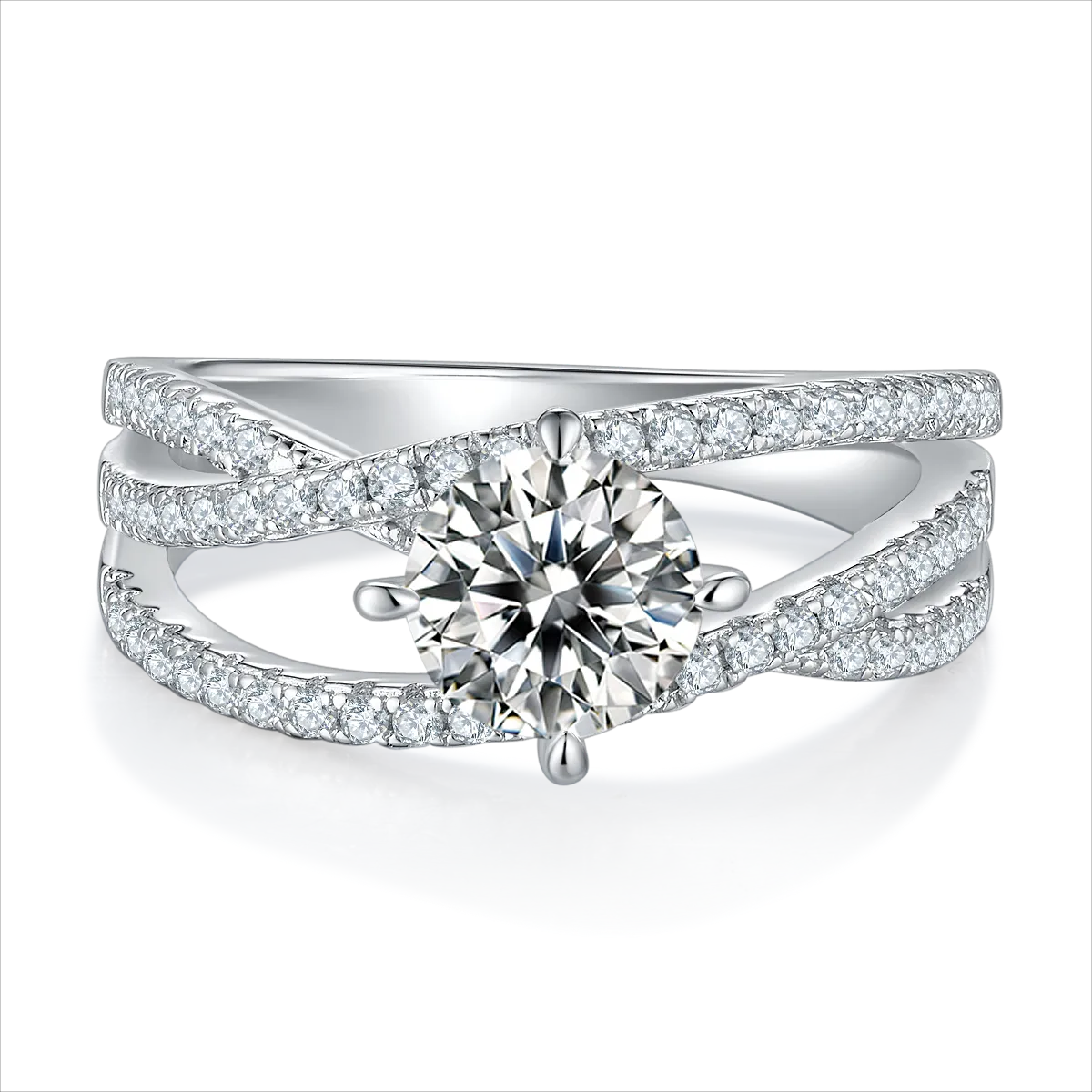 Trendsi 1 carat moissanite solitaire ring with twisted pave diamond band in white gold