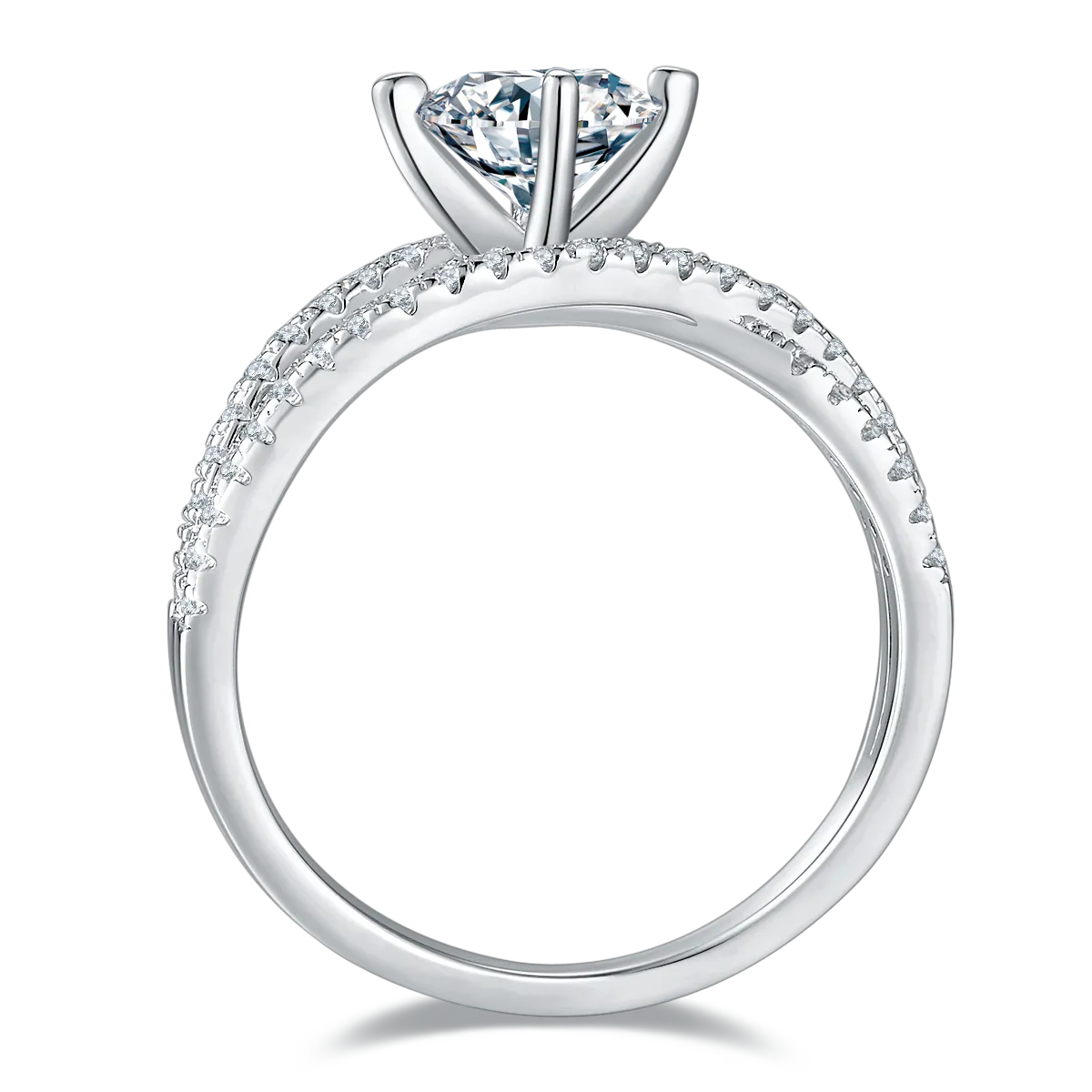 1 carat moissanite solitaire ring with a round center stone and pavé diamond band in silver