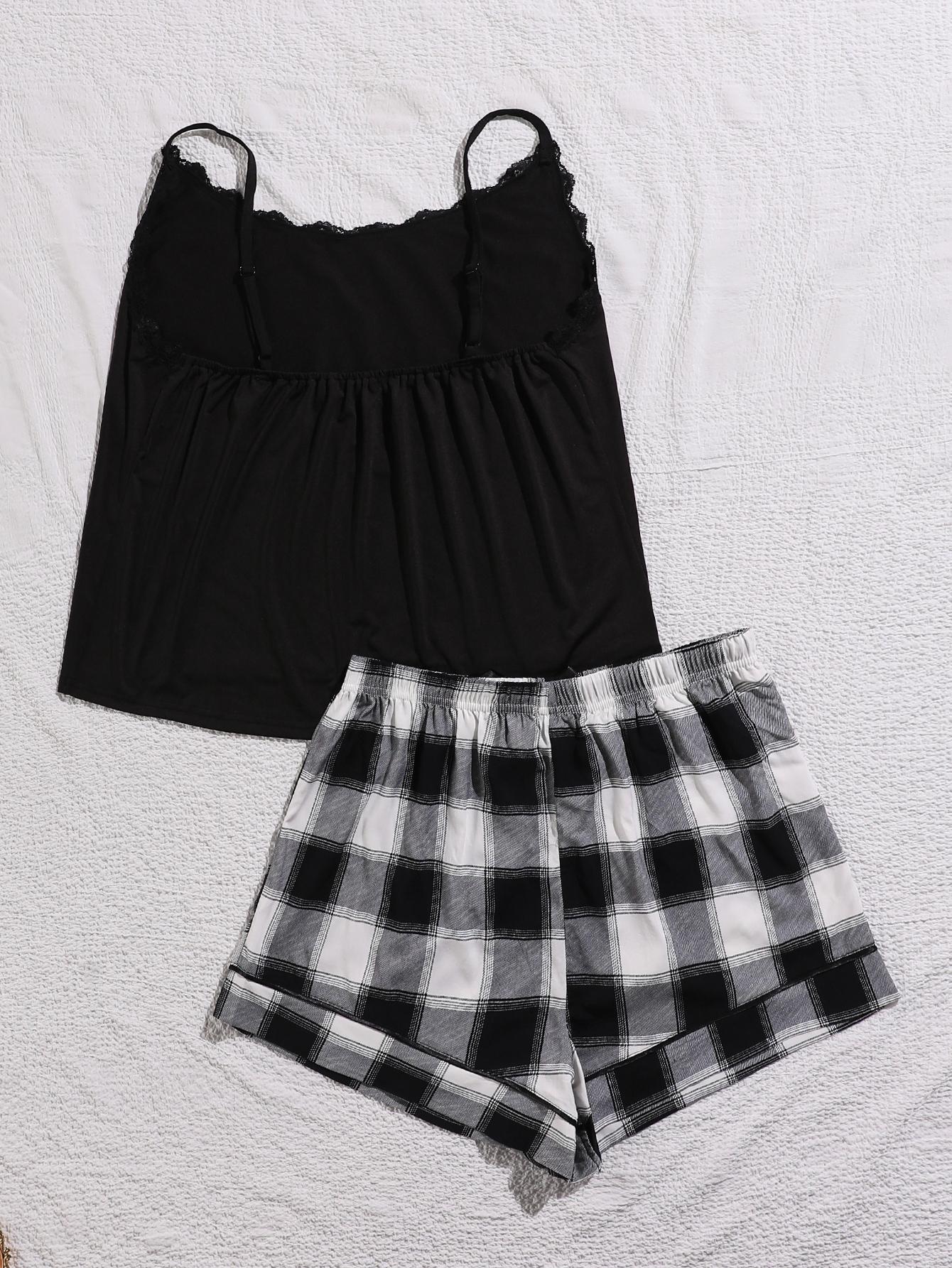 i lace trim plus size sleepwear set with black camisole and black and white checkered shorts