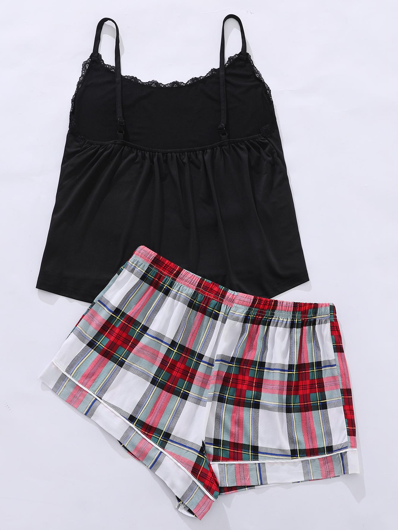 lace trim plus size sleepwear with black camisole and red plaid shorts set