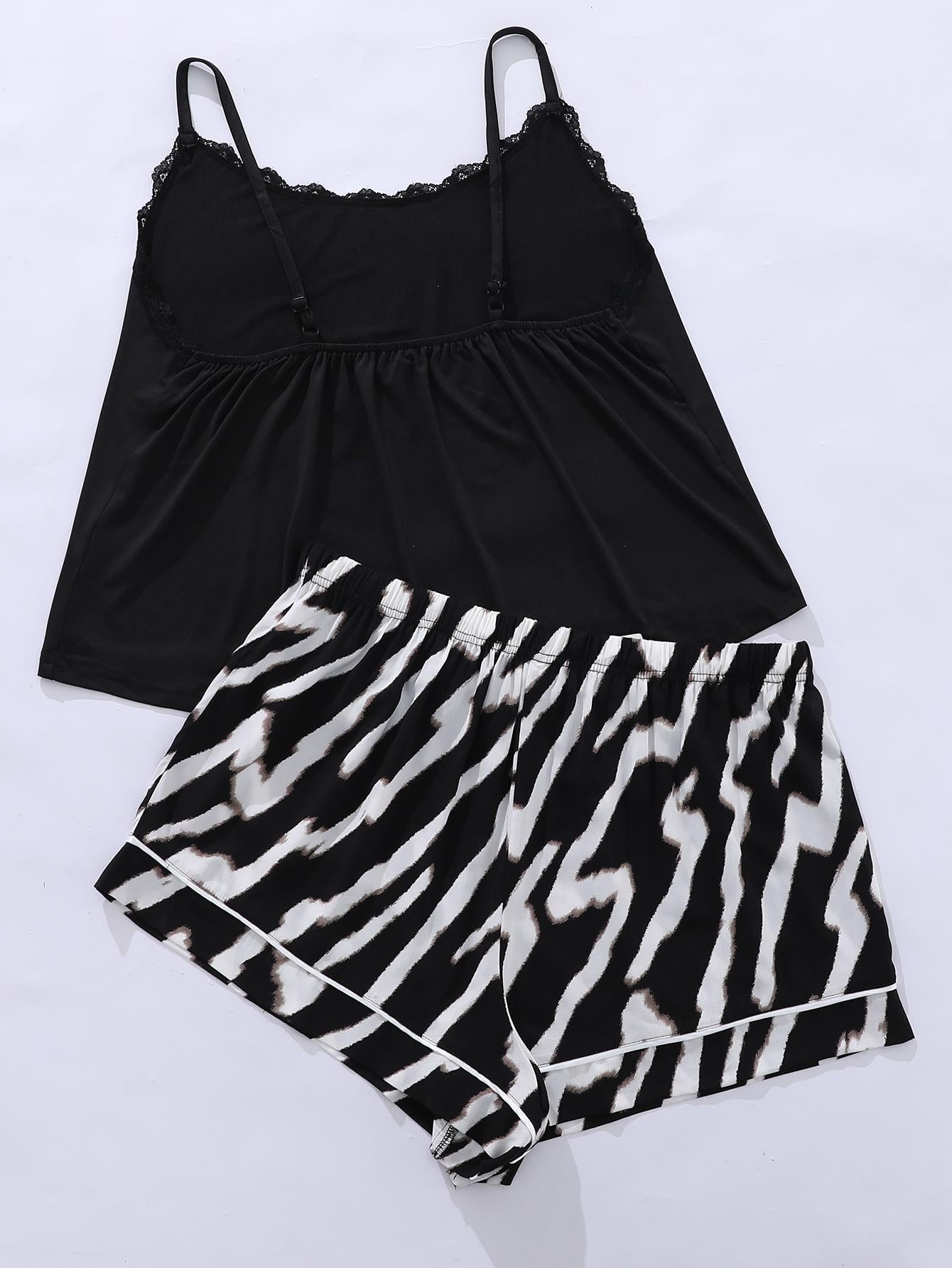black tank top with lace trim and zebra print shorts lace trim plus size sleepwear set