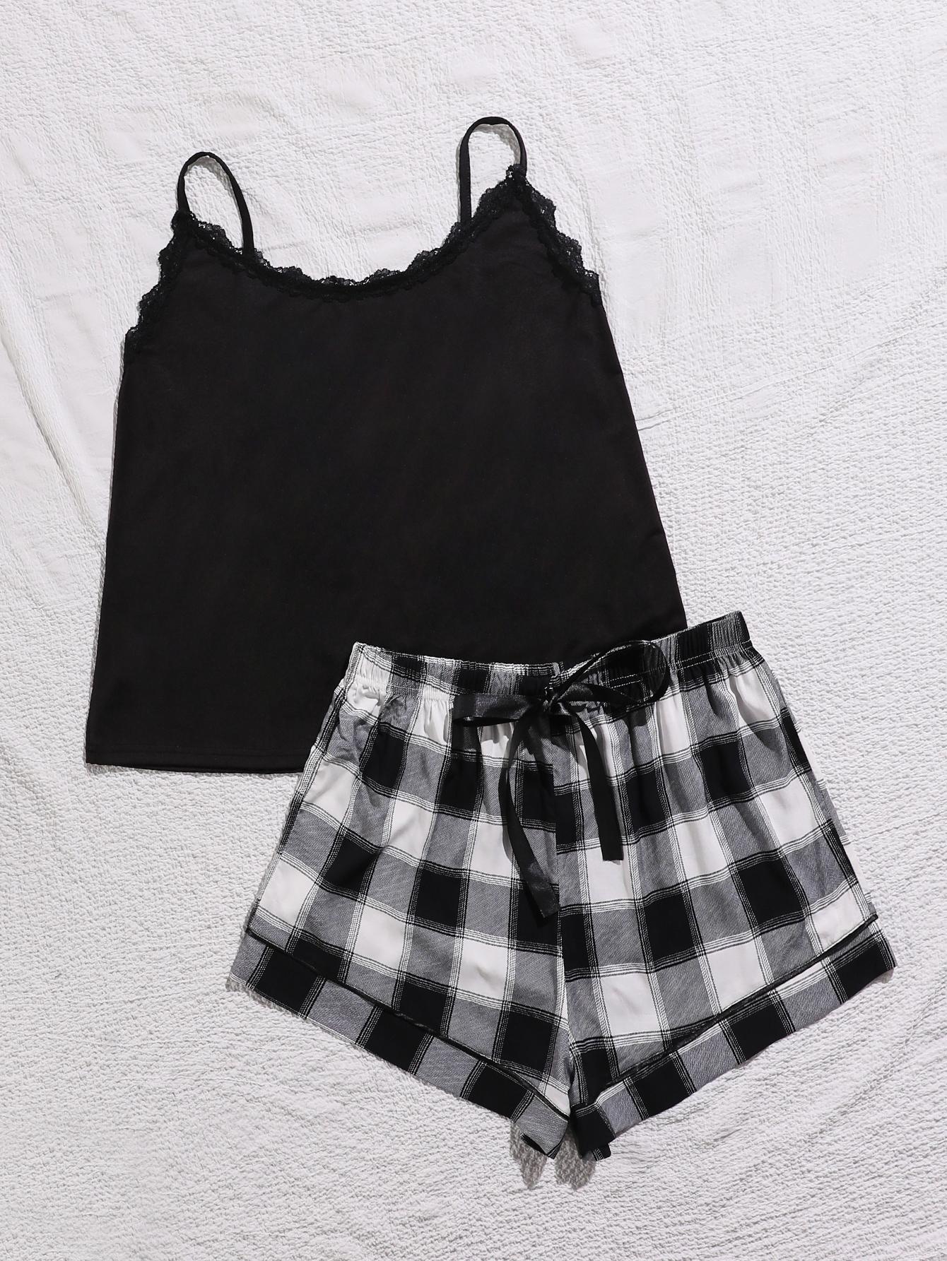 Black lace trim plus size sleepwear camisole top with black and white plaid shorts set