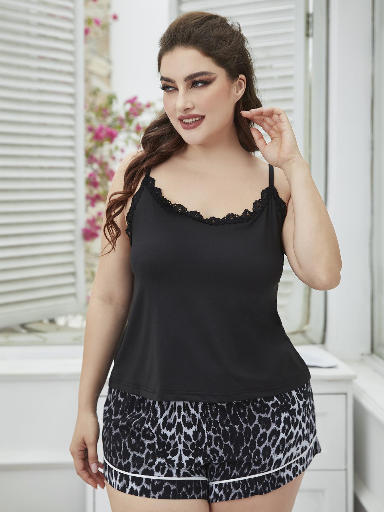 lace trim plus size sleepwear featuring a black cami top and leopard print shorts