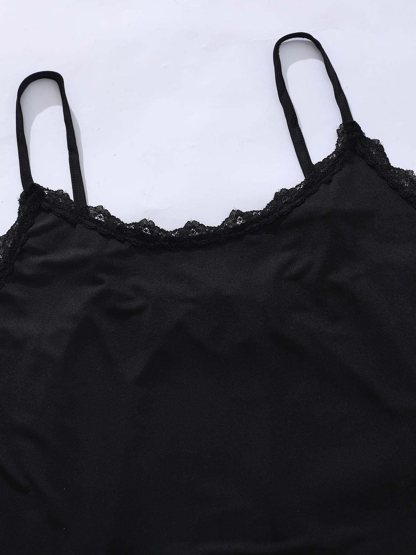 Black lace trim plus size sleepwear camisole with adjustable straps by Trendsi