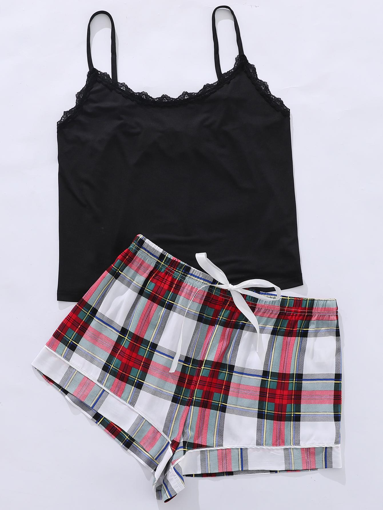 Lace trim plus size sleepwear set with black camisole and plaid shorts with drawstring waist