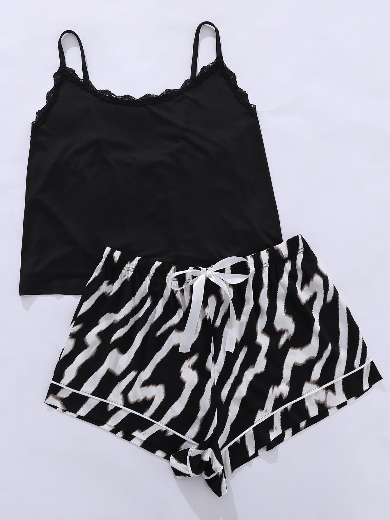 i lace trim plus size sleepwear set with black camisole and zebra print shorts