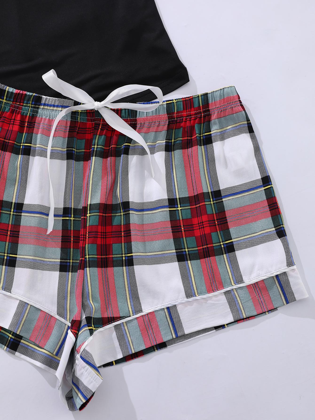 plaid shorts with white drawstring detail for lace trim plus size sleepwear set