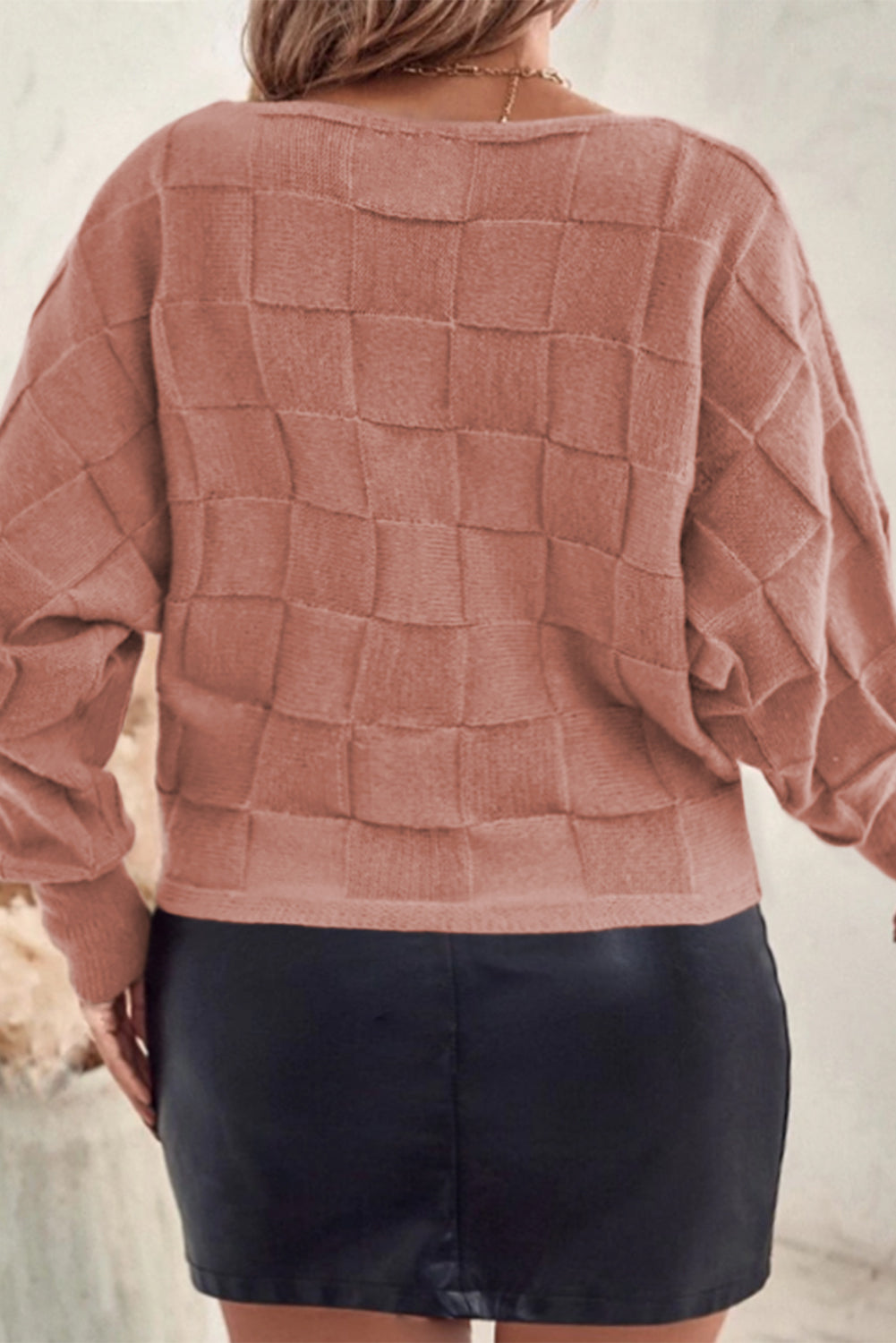 Plus size beige sweater for women with textured square pattern and loose fit by Trendsi