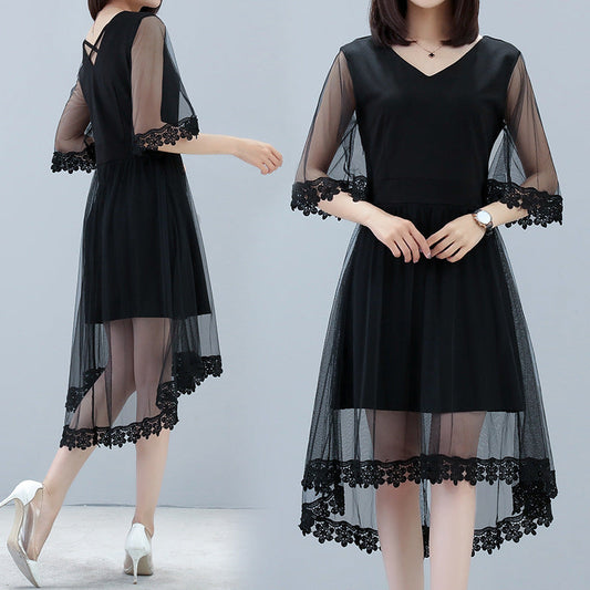 Plus size black mid-length dress with sheer sleeves and floral lace trim detailing
