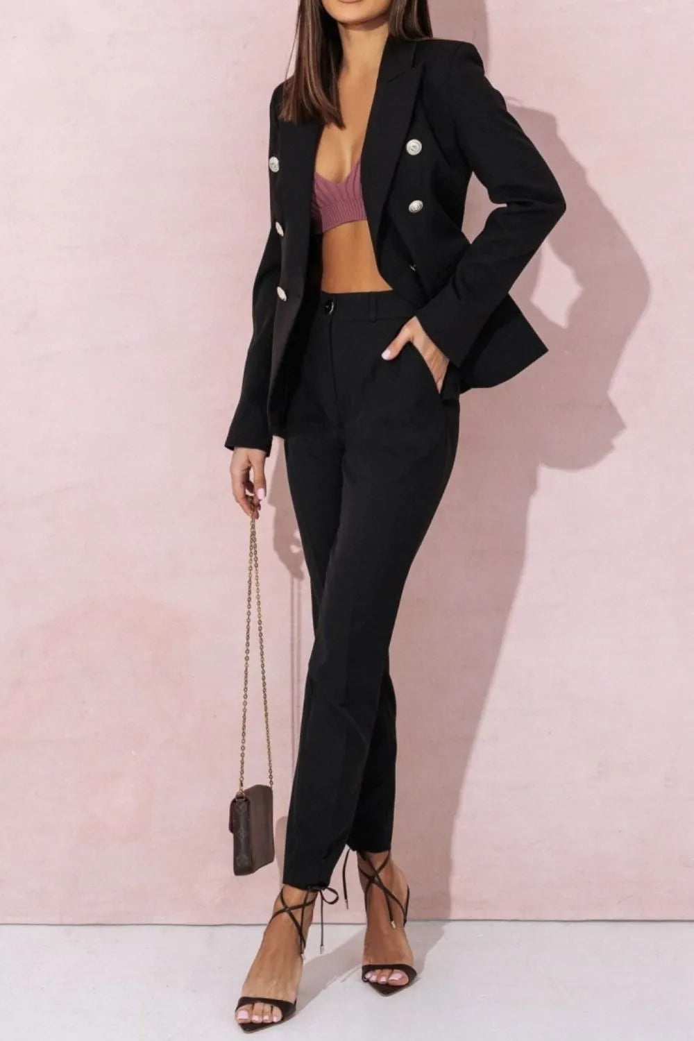 Trendsi plus size blazer and pants set in black with double-breasted buttons and slim fit design