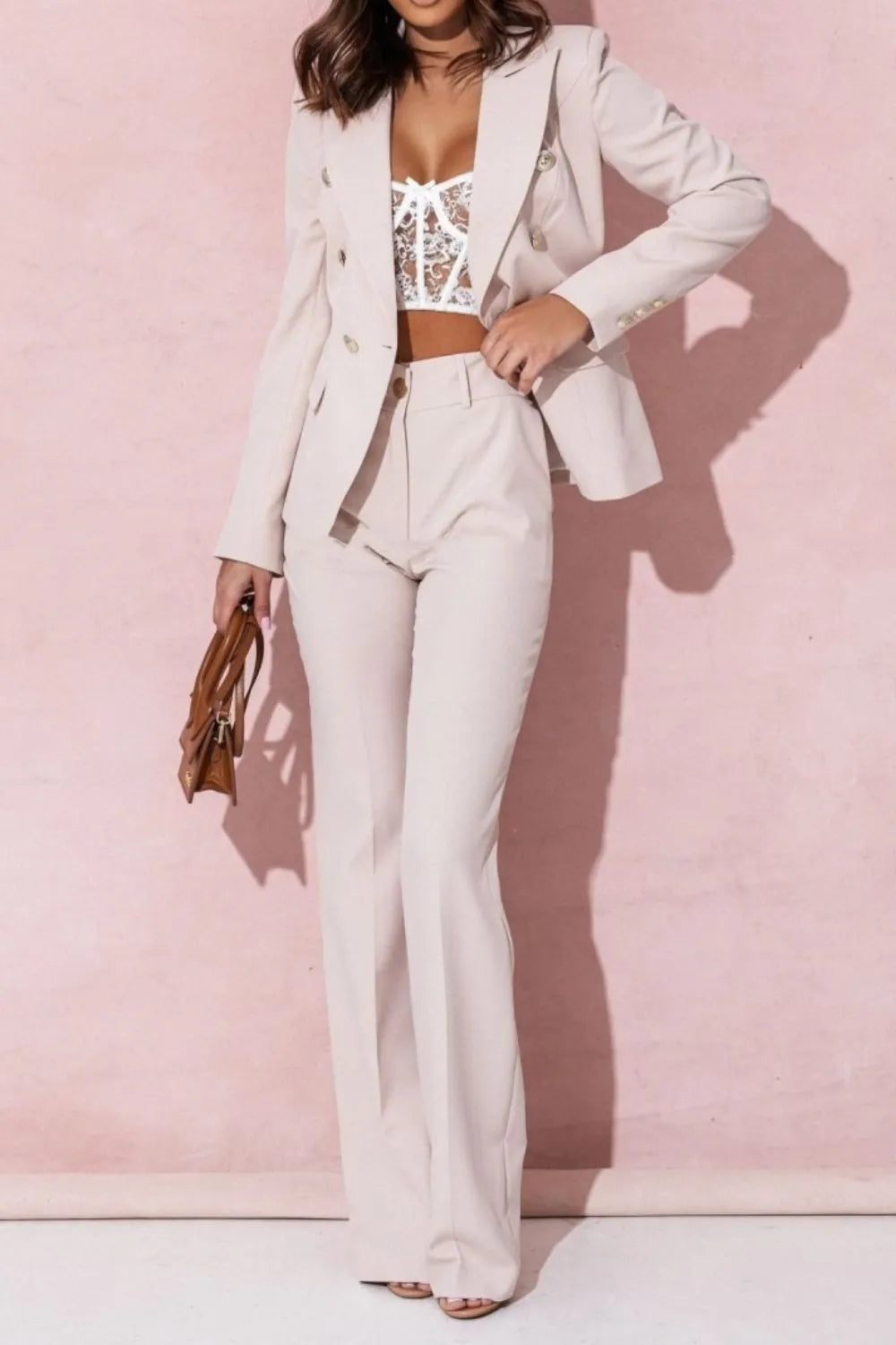 Trendsi plus size blazer and pants set in light beige styled with white lace crop top and brown handbag