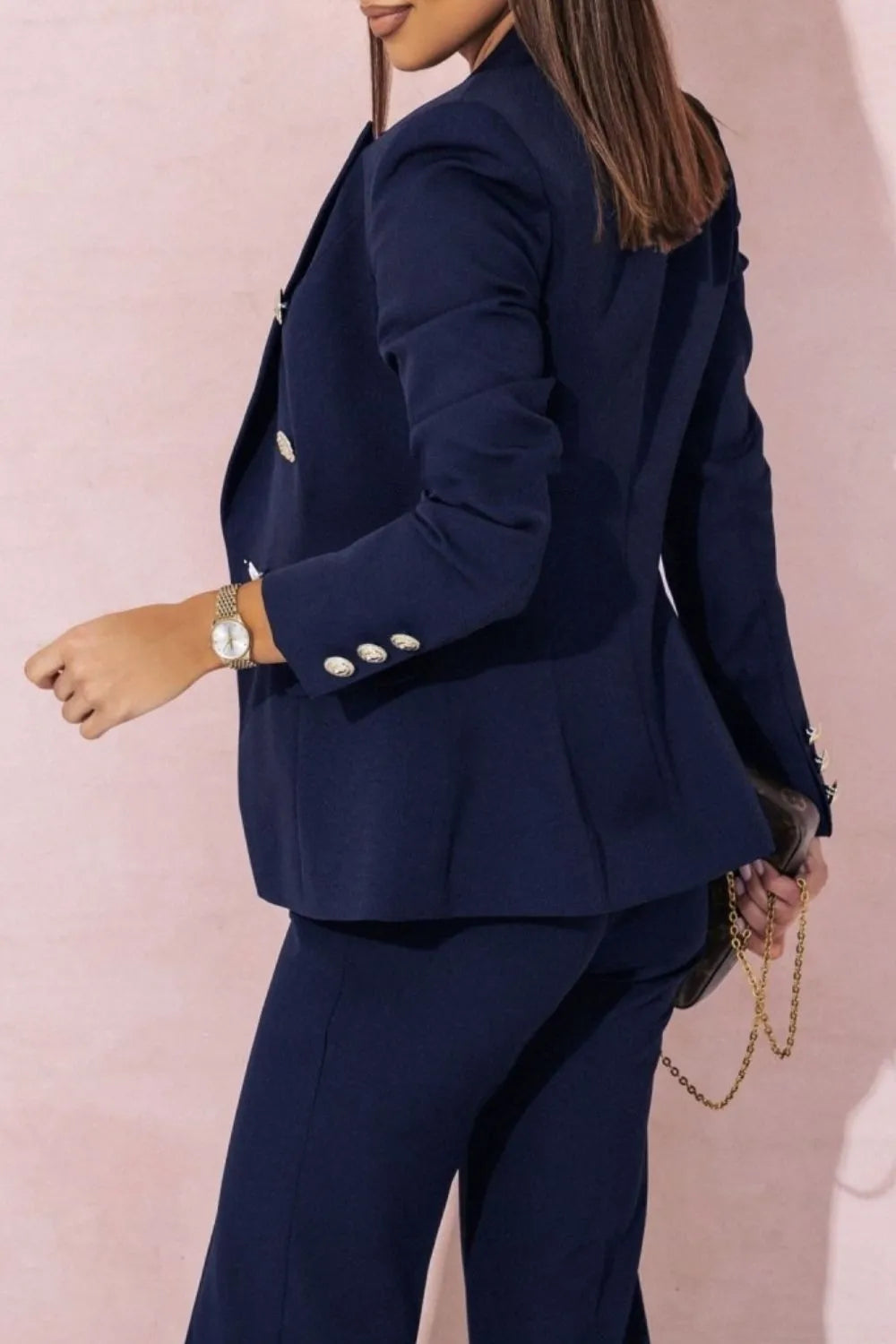 Trendsi plus size blazer and pants set in navy blue with silver button details and tailored fit