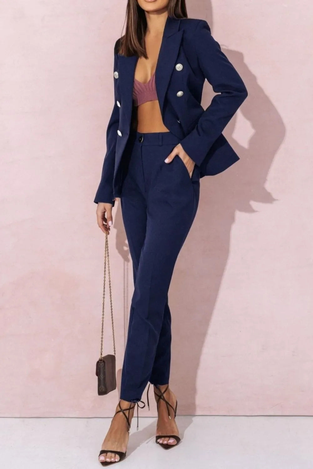 Trendsi plus size blazer and pants set in navy with double-breasted buttons styled with heels and a small purse