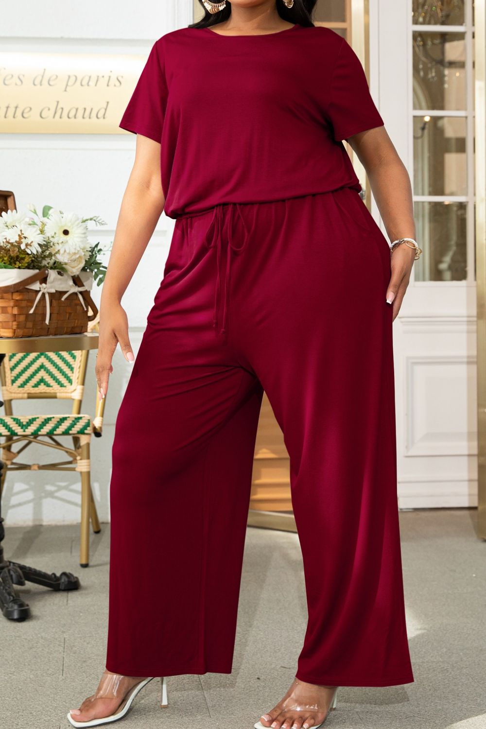 Trendsi plus size casual jumpsuit in burgundy with short sleeves and wide-leg pants